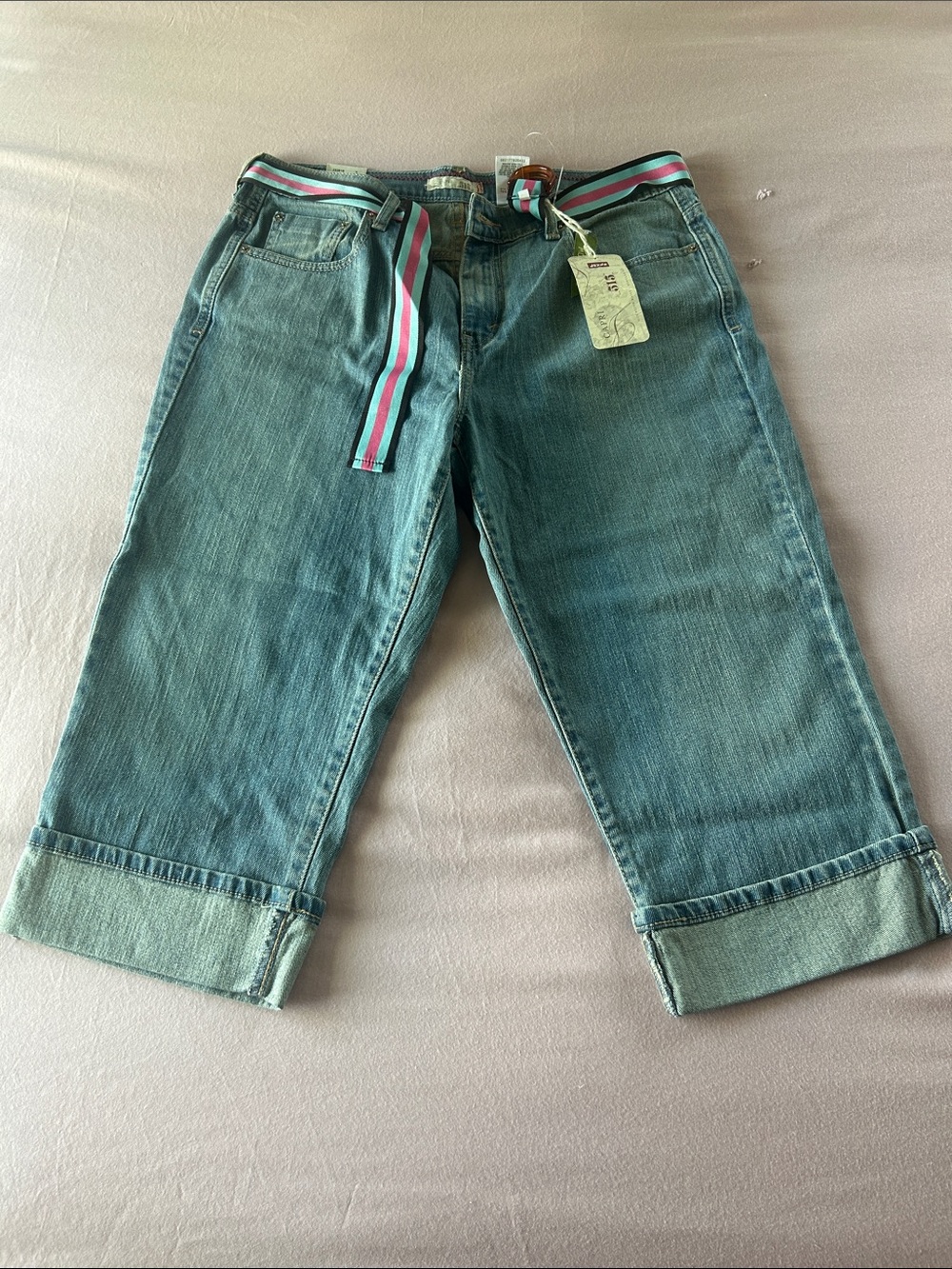 Levi's 515 Teal Green Cropped Ankle Jeans with Striped Web Belt